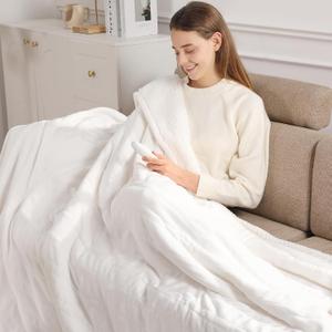Heated Blanket Throw Electric Blanket 50x60, Fast Heating Blanket Throw Soft Flannel & Fluffy Sherpa with 5 Heating Level and 4 Hours Auto-Off, ETL/FCC Certified, Warm Gifts for Grandma, White