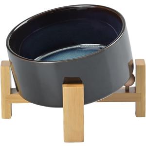 SPUNKYJUNKY 15 Slanted Ceramic Dog and Cat Bowl with Wooden Stand, Tilted Bulldog Food and Water Bowl No Slip Non-Spill for Cats Medium Dogs Big Face Pets 28.7 OZ (3.6 Cups, Starry Blue)