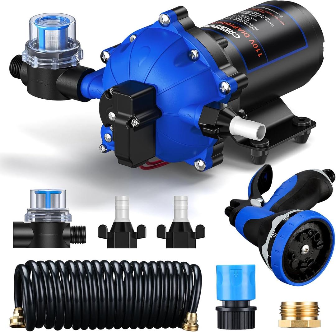 CrestWave 110V AC Water Pressure Booster Pump, 7GPM 70PSI Water Pressure Pump with Spray Nozzle, 5-Chamber Self-Priming Diaphragm Water Pump with Pressure Switch for Boat, RV, Marine, Yacht
