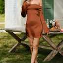 HYPERFIRE Women's Elegant Satin Off The Shoulder Long Sleeve Mini Dress Tie Back Wedding Cocktail Dresses (Brown)