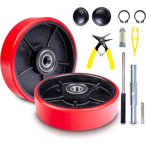 Pallet Jack/Truck Steering Wheels Set with Axle, Fasteners and Protective Caps (4 pcs) 7" x 2" with Bearings ID 20mm Poly Tread Red, Tool Kit Included
