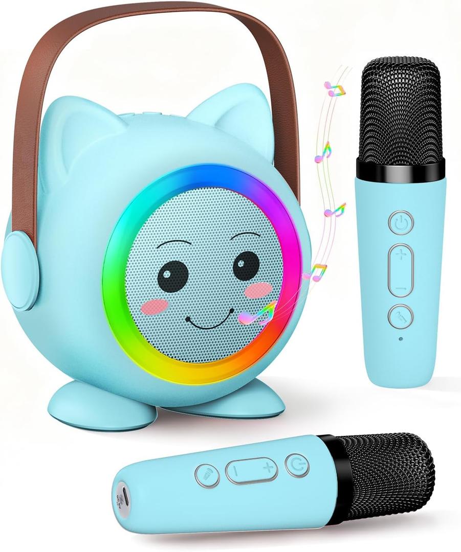 Mini Karaoke Machine Toy for Kids, Portable Karaoke Machine with 2 Wireless Microphone for 4, 5, 6, 7, 8, 9, 10, 11, 12+ Years Old Christmas Birthday Gifts Girls Boys (Blue)