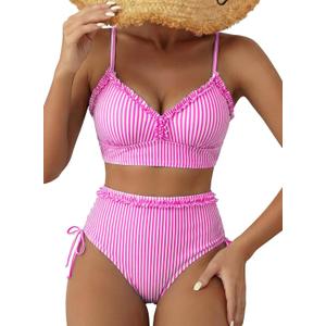 Herseas Women's Splice Ruffle Trim Bikini Sets Tie Side Swimsuits High Waisted Bathing Suits (Large)