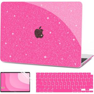 G JGOO Compatible with MacBook Air 13 inch Case 2022 2021 2020 2019 2018 Release M1 A2337 A2179 A1932 Touch ID, Glitter Plastic Hard Shell Case + Keyboard Cover + Screen Protector, Sparkly Hot Pink