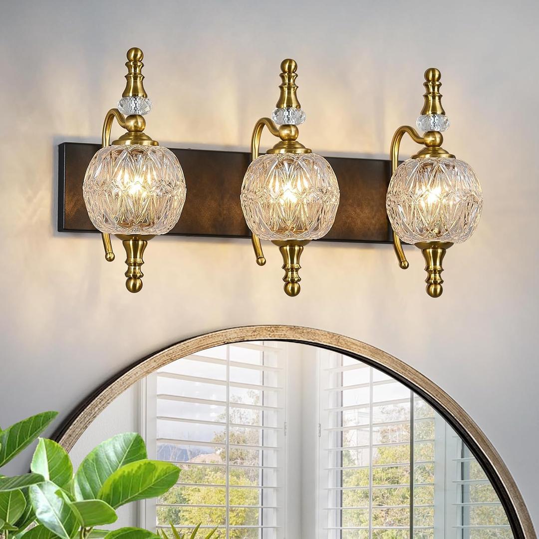 LBSQJ Modern Crystal Bathroom Vanity Lights Fixtures Over Mirror Black Gold Vintage 3-Lights 20 Inch Bathroom Light Fixtures Glass Crystal Vanity Lights