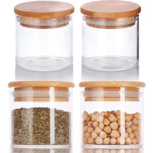 JUVITUS 4 oz Clear Glass Jar with Wood Bamboo Silicone Sealed Lid (4 Pack)