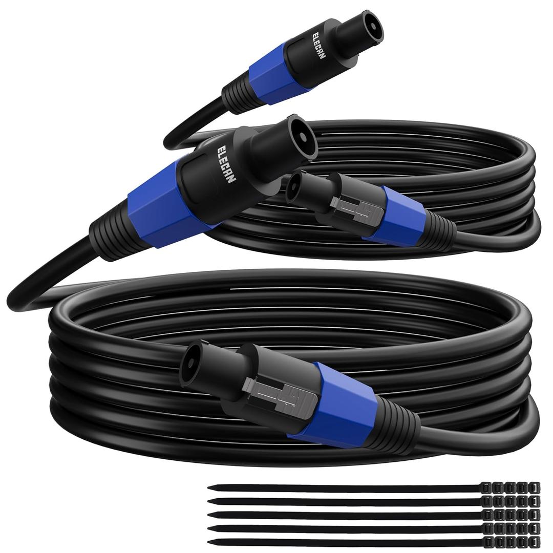 Elecan Professional Male Speakon to Speakon Cable 4 Ft/2 Pack with NL4FC Port, 12AWG Heavy-Duty High Power Audio Cord DJ/PA Amplifier Speaker Cable Wire with Twist Lock, 9.5mm OD, Black +Ties