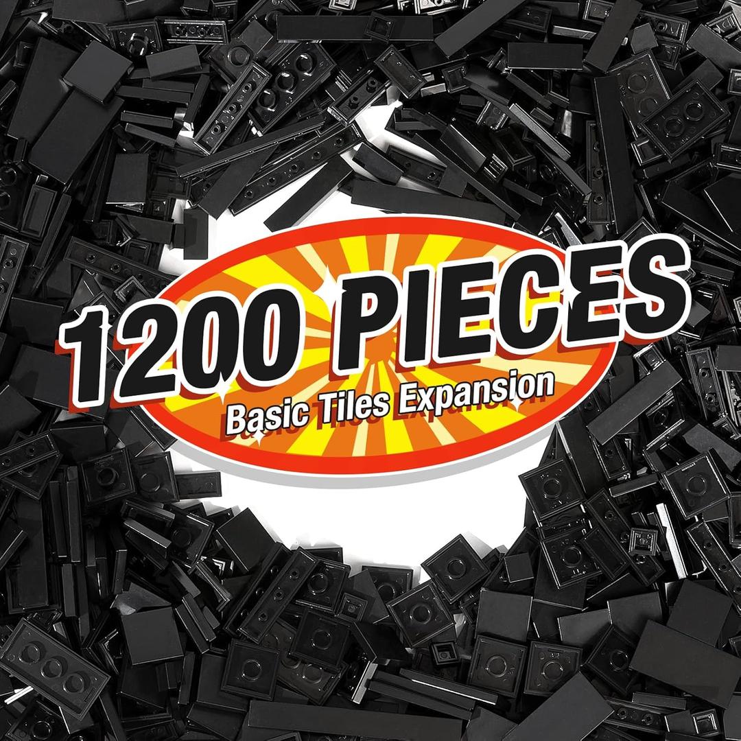 1200 Pieces Flat Pieces, 9 Sizes Classic Moc Parts and Pieces Tiles Expansion Set - Compatible with All Major Brands, Building Bricks Bulks for Smooth Surface, Black