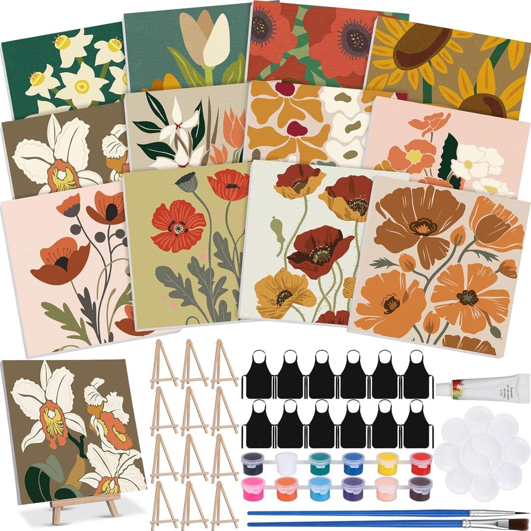 MotiMind 12 Sets Framed Paint by Number Kit for Adults with 12 Wooden Easels, 12 Disposable Apron, 12 Pigment 12 Brush, 12 Palette, DIY Acrylic Paint by Number Kits for Party(Flower)