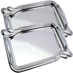 (Pack of 2) 13.2 inch x 9.4 inch Oblong Chrome Plated Silver Mirror Serving Tray with Handles Simple Plain Floral Edge Party Dessert Decorative Decor Platter Plate Dish Base CC-1363
