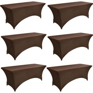 6-Pack 6ft Spandex Table Covers for Rectangle Standard Folding Tables - Wrinkle Resistant Stretch Tablecloths - Ultimate Fitted Table Protector for Parties, Trade Shows, Wedding (Coffee)