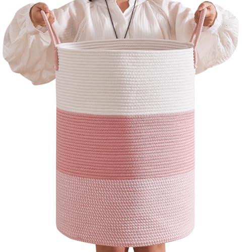 CLHMILY&Z 80L Laundry Basket Round Storage Rope Basket - 16.5x22.5 Inches - Pink Hamper in Bedroom and Cute Storage Bin for Blankets, Toys, and Nursery Essentials