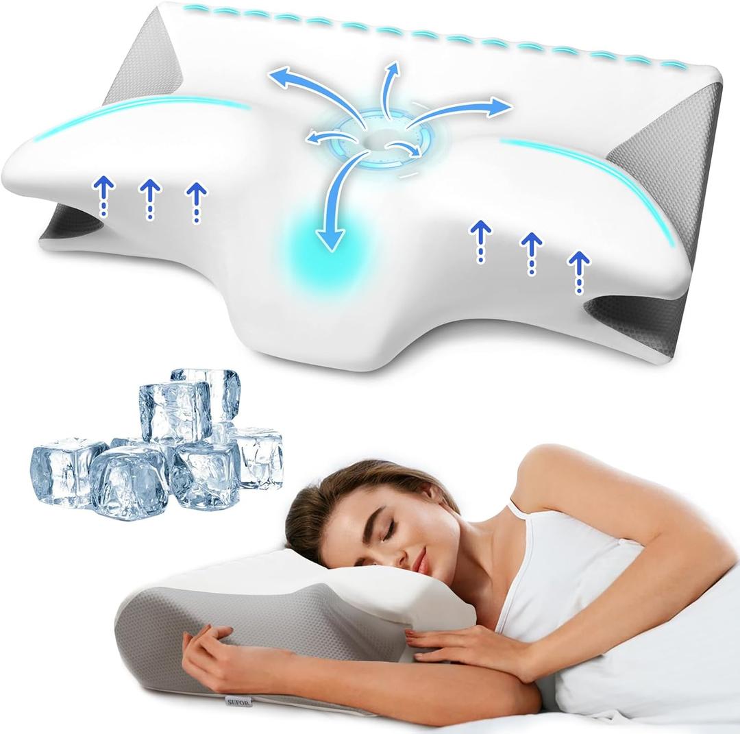 Cervical Pillow for Neck Pain Relief, Cooling Contour Memory Foam Pillows Support Odorless Ergonomic Neck Pillow Adjustable Orthopedic Bed Pillow for Side Back Stomach Sleeper,1 Pack (Queen, White+ Grey)