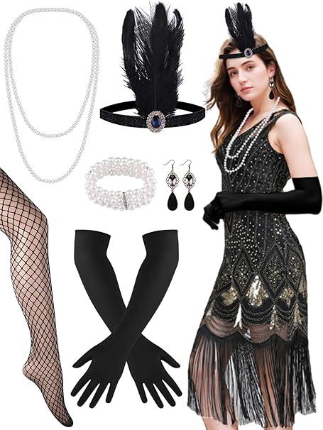 PLULON 1920s Dresses for Women, Sequin Fringed Gatsby Flapper Cocktail Dresses with 20s Accessories Set, Roaring 20s Costumes, Black and Gold, L