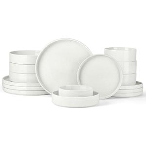 Stoneware Dinnerware Sets for 4 with Pasta Bowl, Onader 16 Piece Plates and Bowls Dish Set, Speckled Kitchen Dishware Dining Ware, Microwave & Dishwasher Safe - Cloud White