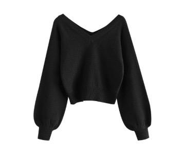 ZAFUL Women's Cropped Sweater V-Neck Long Sleeve Crop Sweater Pullover Jumper Knit Top, XL