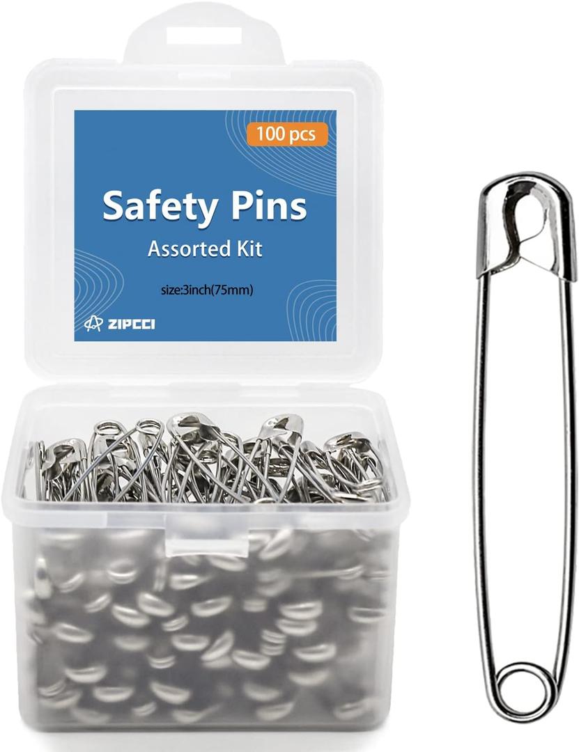 ZIPCCI 3 Inch Large Safety Pins - 100 Pcs Heavy Duty Steel Wire Pins (Large Size)