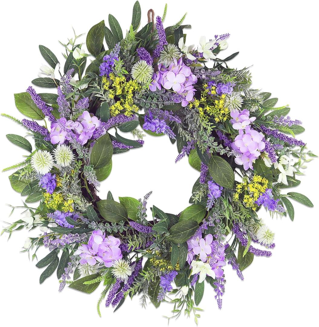 21 Inch Spring Wreath for Front Door,Artificial Summer Wreath with Lavender Hydrangeas and Greenery Leaves,Purple Flower for Home Wall Window Farmhouse Party Holiday Decor