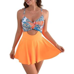 B2prity Women Cutout One Piece Skirt Swimsuit V Neck Wrap Tie Back Swimdress Tummy Control Bathing Suits (Large, Orange,floral)