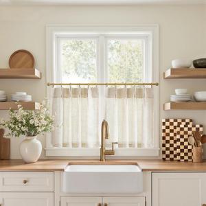 jinchan Linen Pinch Pleated Kitchen Curtains 20 Inch Natural Linen Tier Curtains Back Tab Farmhouse Cafe Style Light Filtering for Bathroom Laundry Room Small Window 2 Panels Beige, 26"W x 20"L