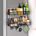 Magnetic Spice Rack for Refrigerator, 2 Pack Metal Magnetic Shelf Black, Moveable Spice Organizer with Hooks, Super Magnetic Fridge Shelf for Kitchen Organization and Storage