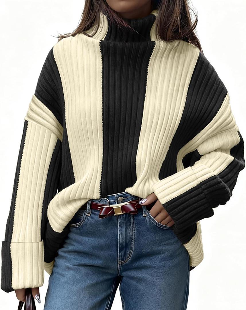 Saodimallsu Womens Turtleneck Sweater Color Block Striped Oversized Sweaters Winter Casual Trendy Pullover Tops