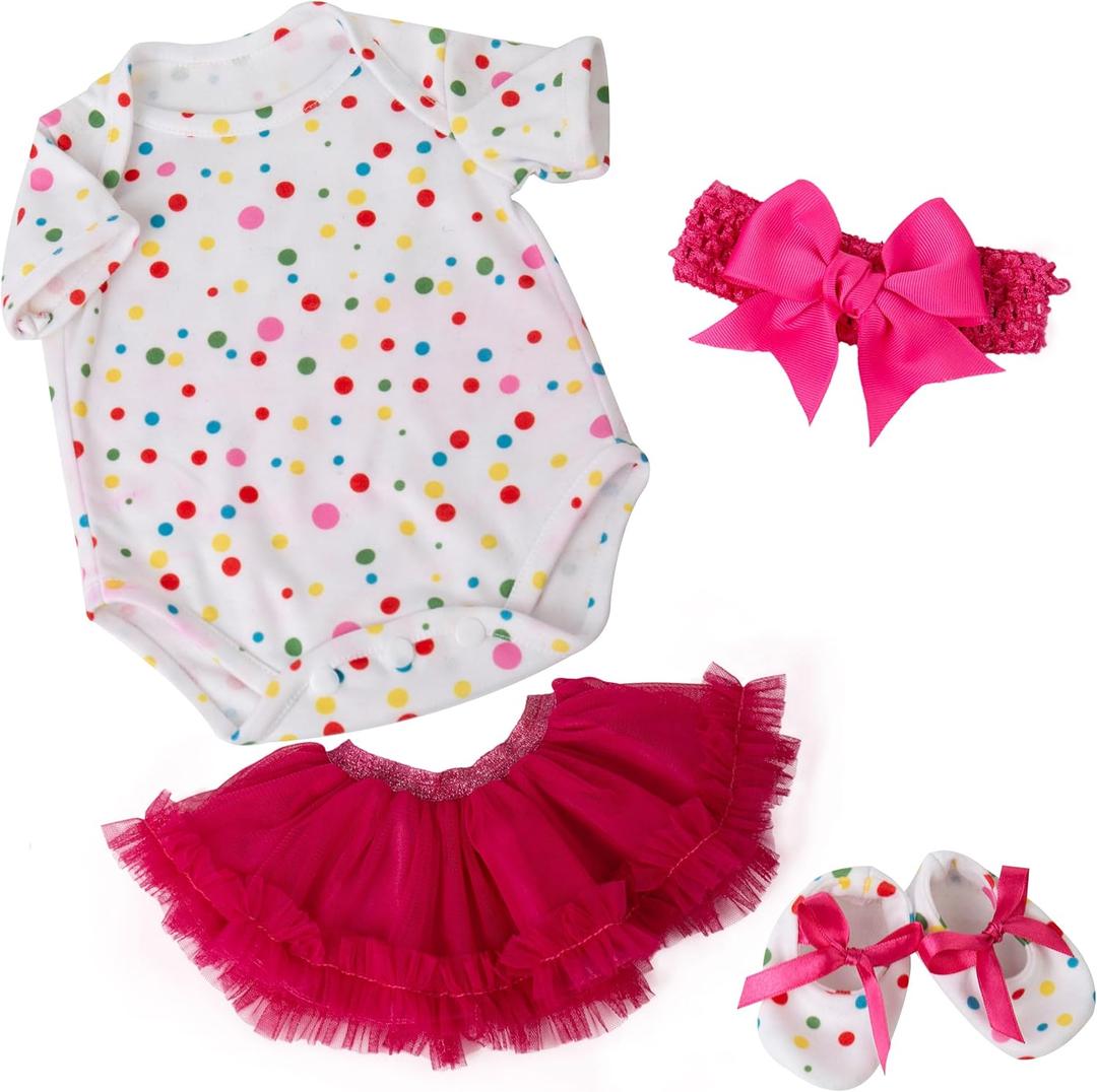 EKOKIZ Soft Reborn Baby Doll Outfits, 4-Piece Realistic Baby Doll Clothes Set with Easy-Snap Onesie, Glitter Waist Tutu & Cute Shoes - Fits Most 17-20 inch Reborn Girl Dolls (Colorful Polka Dots)