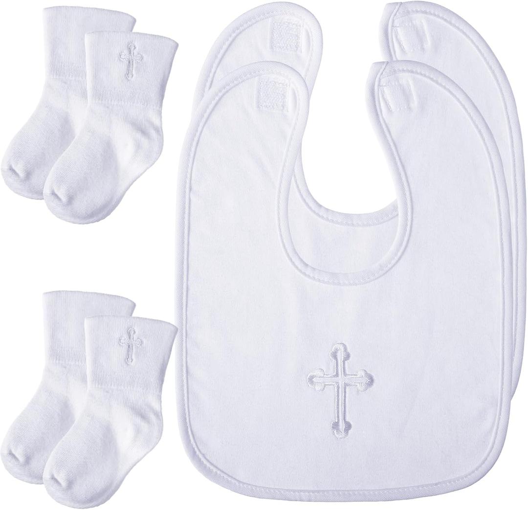 Jiuguva 4 Pcs Baptism Gifts for Boys Girls, Christening Bibs and Socks Set White Embroidered Cross Baptism Outfit for Baby (6-12month)