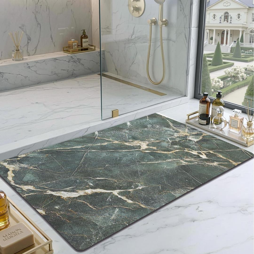 Color&Geometry Ultra Thin Bathroom Rugs Non Slip,Absorbent Quick Dry Bath Mats for Bathroom,Thin Bath Rugs Washable with Rubber Backing Fit Under Door Outside Shower,Emerald Green Marble,24"x36"