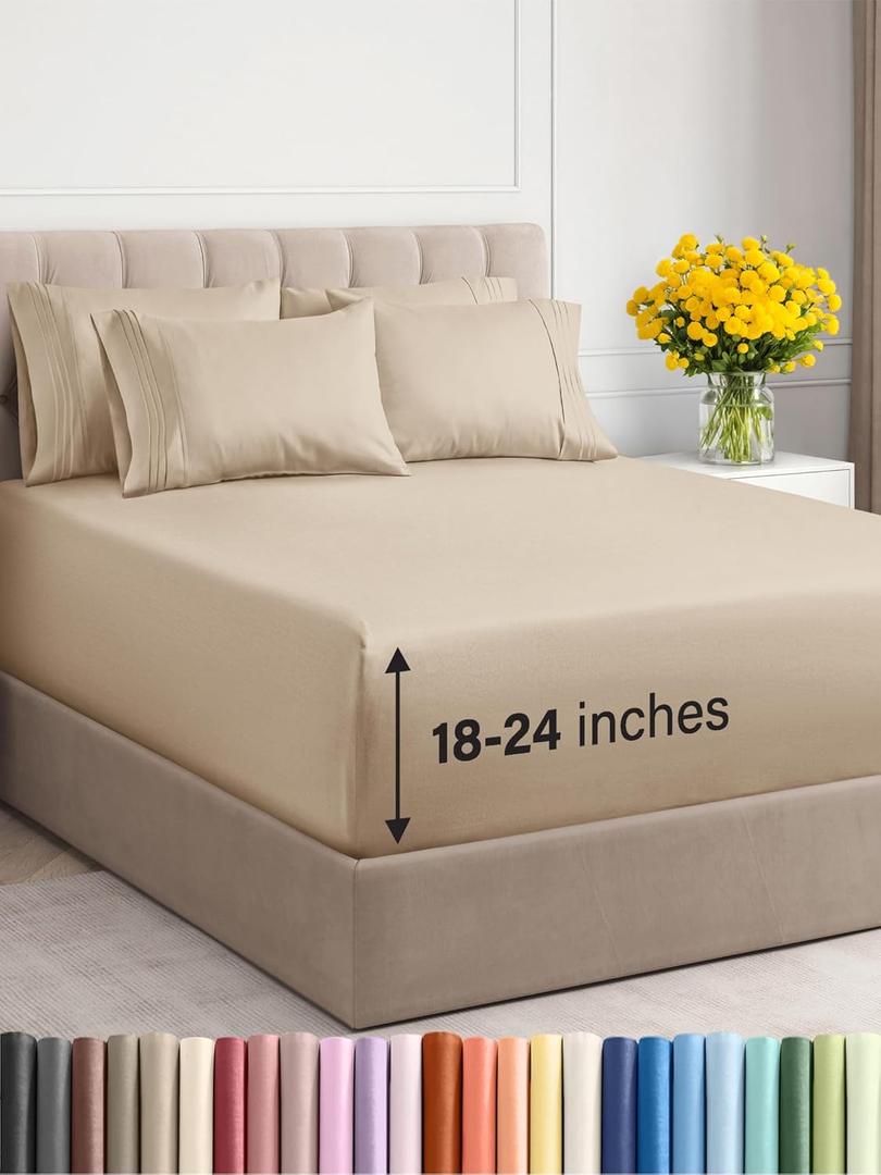 Extra Deep Cal King Sheet Set - 6 Piece Breathable & Cooling Sheets - Hotel Luxury Bedding Set w/18-24 Inch Extra Deep Pockets - Easy Fit - Super Soft, Wrinkle Free and Comfy - Cream, Cal King Size (California King, 10 - Cream)