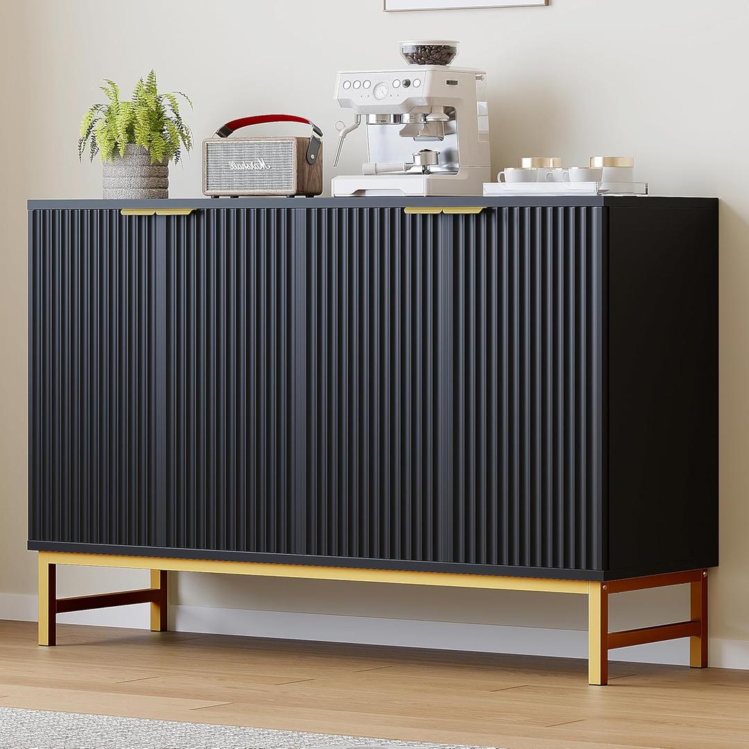 Luoxiao Black Buffet Sideboard Cabinet with 4 Fluted Doors, 47" Modern Credenza Accent Cabinet with Adjustable Shelves, Console Table & Solid Legs, Coffee Bar for Living Room, Hallway