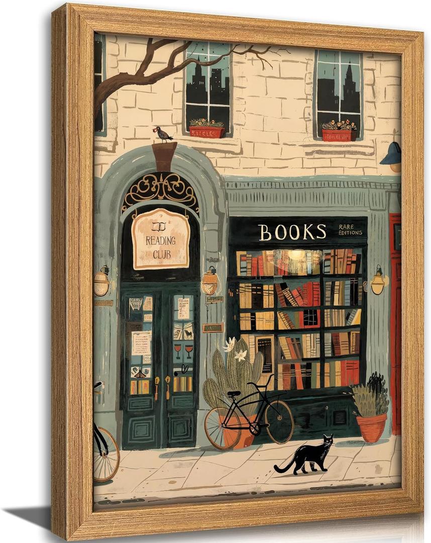 Framed Vintage Book Wall Art Bookstore and Black Cat Painting Canvas Prints Cozy Bookshop Library Bookish Picture Wall Decor Bookworm Reading Nook Poster Artwork for Living Room Bedroom Office (10"L x 8"W)