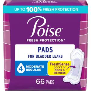 Poise Incontinence Pads & Postpartum Incontinence Pads, 4 Drop Moderate Absorbency, Regular Length, 66 Count