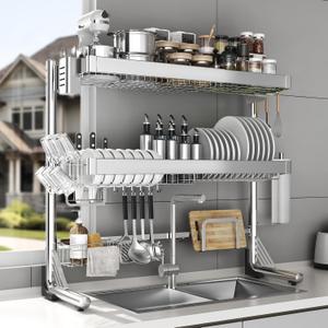 Over The Sink Dish Drainer Drying Rack 3 Tier, Full Stainless Steel Dish Drying Rack Adjustable Length 20.9''-37.4'', Kitchen Sink Shelf, Organized Space-Saving Dish Rack (3 Tier with Flat Grid, Silver)