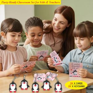 Valentines Day Gifts for Kids Classroom Penguins Keychain, Funny Keyrings with Cards for School Exchange, 24 Sets