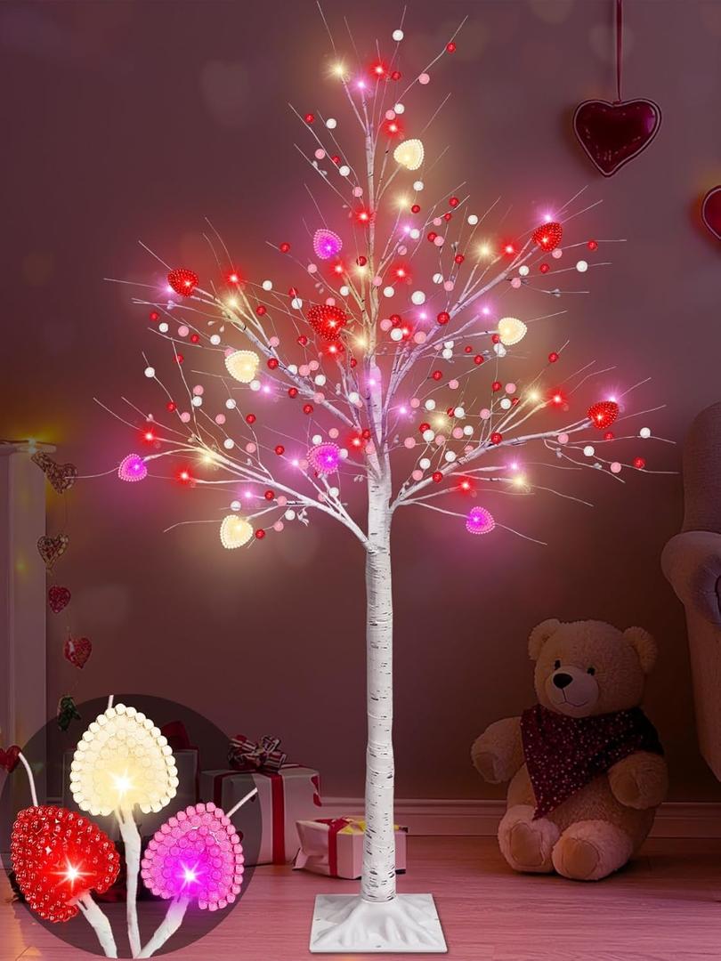 Valentines Day Decor, 4 FT Prelit Lighted Valentines Tree with 3D Hearts&Berries Ornaments 48 Led Red Pink Lights, Outdoor Waterproof Artificial Birches Tree for Valentines Day Decorations Indoor Home