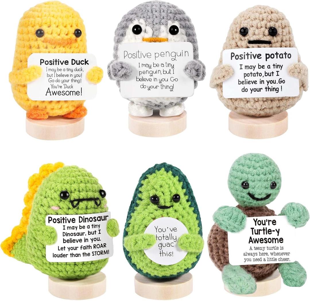 6 PCS Positive Crochet Animals with Base, Funny Handmade Emotional Support Potato Duck Penguin Turtle Dinosaur Avocado, Cute Mini Crochet Stuffed Animal for Friend Coworker Inspirational Gift