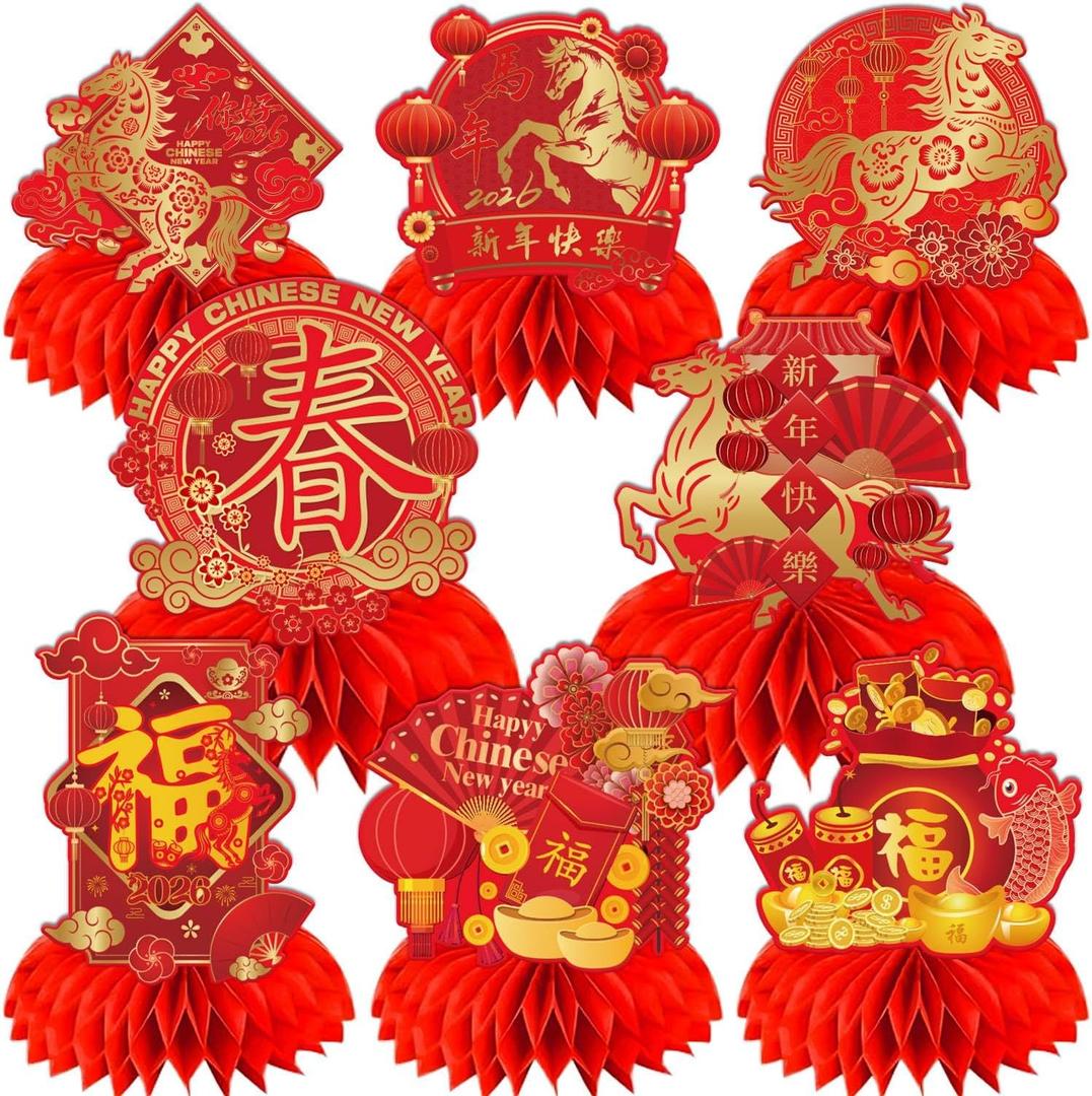 Chinese New Year Decorations 2026, 8 Pcs Happy Chinese New Year Honeycomb Centerpieces The Year of The Horse Table Centerpieces Spring Festival Red Table Topper Decor for Lunar New Year Decorations