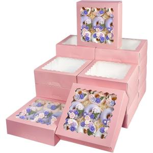 Bakepacker 55pcs Pink Pie Boxes 8x8x2.5 inches Easy Assemble Macaroon Cookie Boxes Bakery Boxes with Window for Bakery (Auto-pop Up)