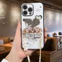 Compatible with iPhone 14 Pro Bling Case with Pearl Crossbody Chain Glitter Love Heart Diamond Rhinestones Floral for Girly Women Soft TPU Bumper Full Camera Lens Protector Cover, White
