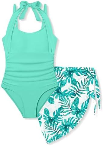 Tomolant Girls Swimsuit Halter Neck One Piece Bathing Suit with Tropical Printed Cover Up Skirt Girls' Swimwear Set 11-12Y