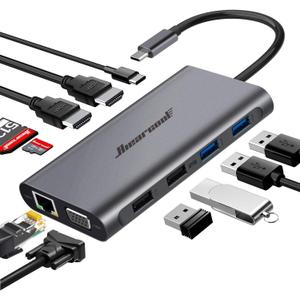 Hiearcool USB C Hub, USB-C Laptop Docking Station, 11IN1 Triple Display Type C Adapter Compatible for Dell Hp Lenovo Windows (2HDMI VGA PD3.0 SD TF Card Reader Gigabit Ethernet 4USB Ports)