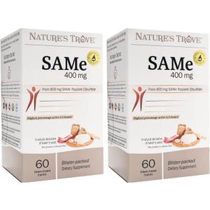 Nature's Trove SAM-e 400mg 120 Enteric Coated Caplets (2 Boxes of 60) - Vegan, Kosher, Non-GMO, Soy Free, Gluten Free - Mood and Joint Comfort - Cold Form Blister Packed, BBD 02/2029