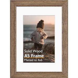KINLINK A5 Picture Frame, Brown Wood Solid Wood Frame with Acrylic Plexiglass for Pictures 4x6 with Mat or A5 without Mat, Tabletop and Wall Mounting Display Photo Frame 1 Pack