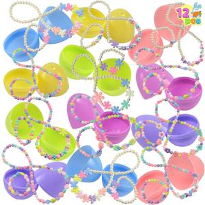 JOYIN 12 Pack Prefilled Easter Eggs with Jewelry Toys, Different Designs of Necklaces and Bracelets Girls Jewelry Set for Kids Easter Party Favor, Basket Stuffer, Classroom Exchange and Prize Supplies