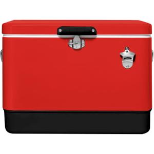 FSE Hard-Sided 54 Qt. / 80 Can Metal Cooler, Two-Tone Gray Camo and Black, Durable Outdoor Beverage Cooler with Latch Closure, Plastic Lining, Side Handles, Portable Tailgating and Camping Ice Chest (Red)