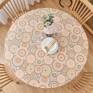 LIBERECOO Round Fitted Tablecloth with Elastic, Flannel Backed Vinyl Tablecloths for 40" - 44" Tables, Waterproof Wipeable Reusable Plastic Tablecloth for Indoor & Outdoor, Boho Sunburst Medallion