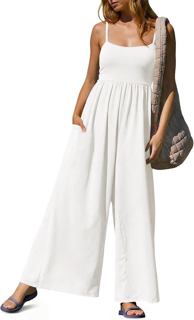 Fisoew Womens Summer Jumpsuits One Piece Casual Loose Overalls Spaghetti Strap Wide Leg Rompers with Pockets Workout Outfits (White, S)