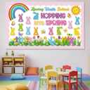 Capoda Spring Easter Bulletin Board Decorations Set - 3D Rainbow Hopping into Spring Classroom Decorations, Easter Bunny Egg Cutouts, Borders for Bulletin Boards Wall Door Chalkboard Office Supplies
