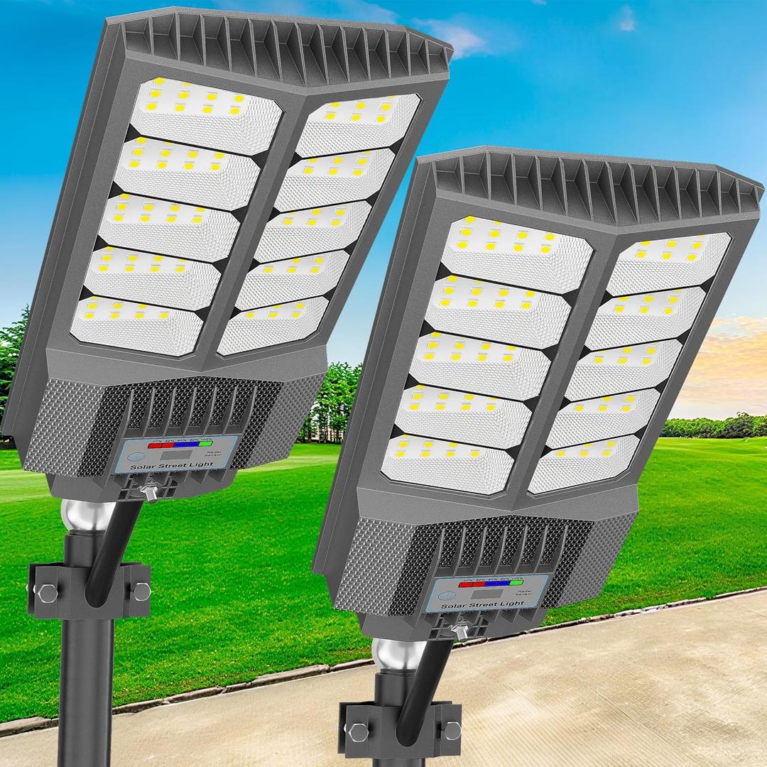 loyoele Solar Street Light with Pole Mount, Dusk-to-Dawn Outdoor LED, 300000 LM, 7000K IP67 Waterproof, Adjustable Modes, for Yard, Parking Lot, Street, Pathway